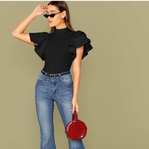 Black Ruffled high neck bodysuit size Large women's New . Super fun
